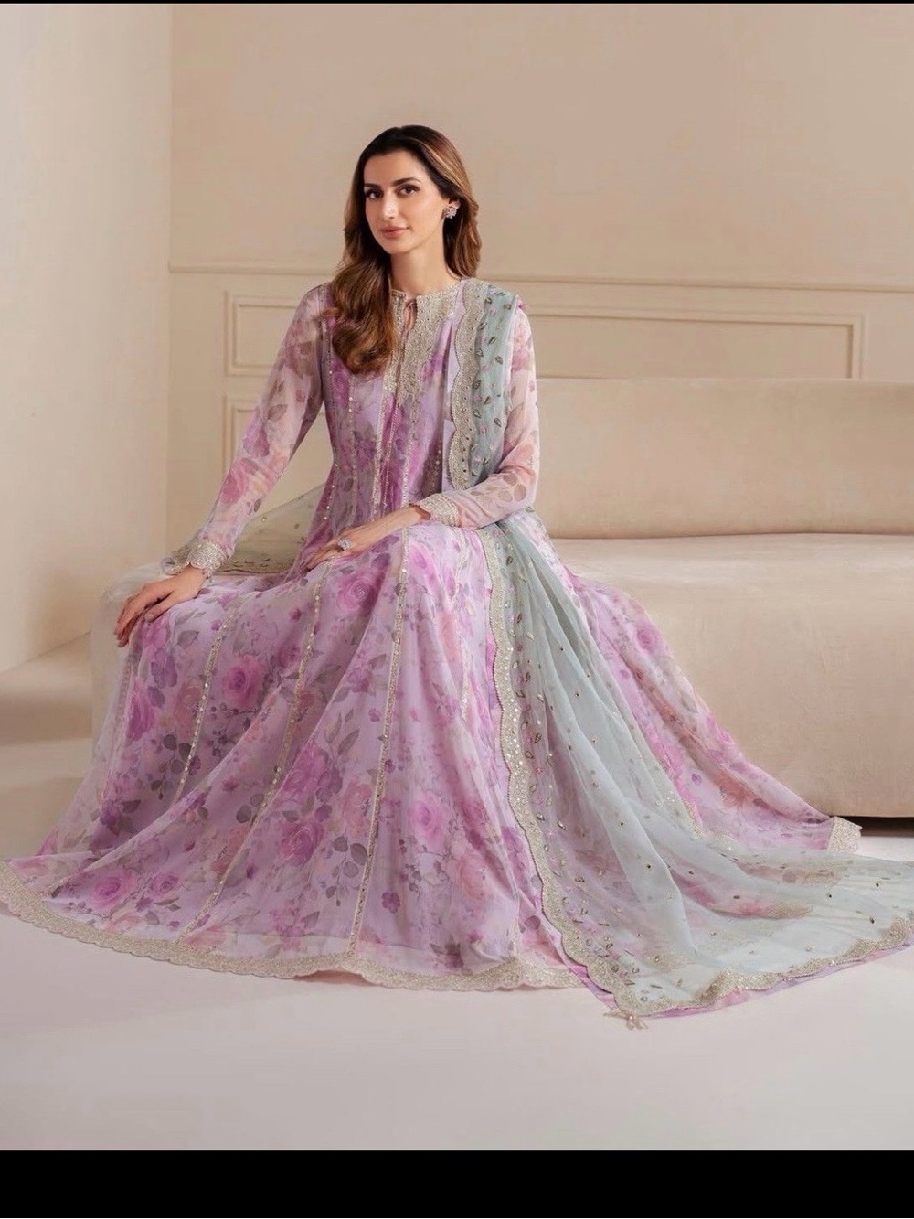 Floral Pastel Lavender Anarkali Gown with Mint Dupatta